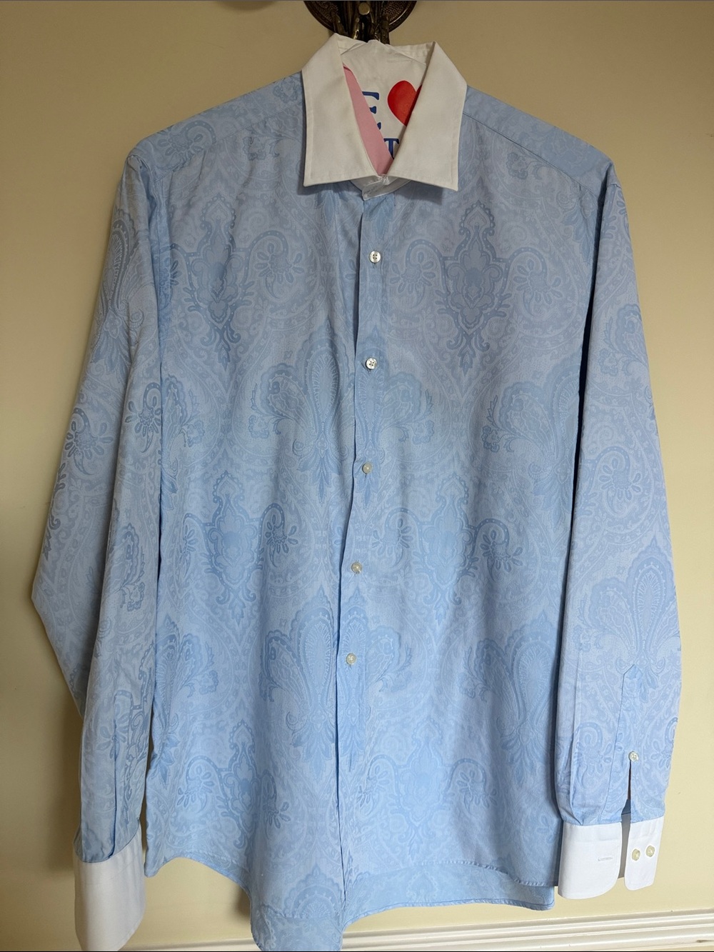 Etro Light Blue Paisley Dress Shirt with White Contrast Collar and Cuffs